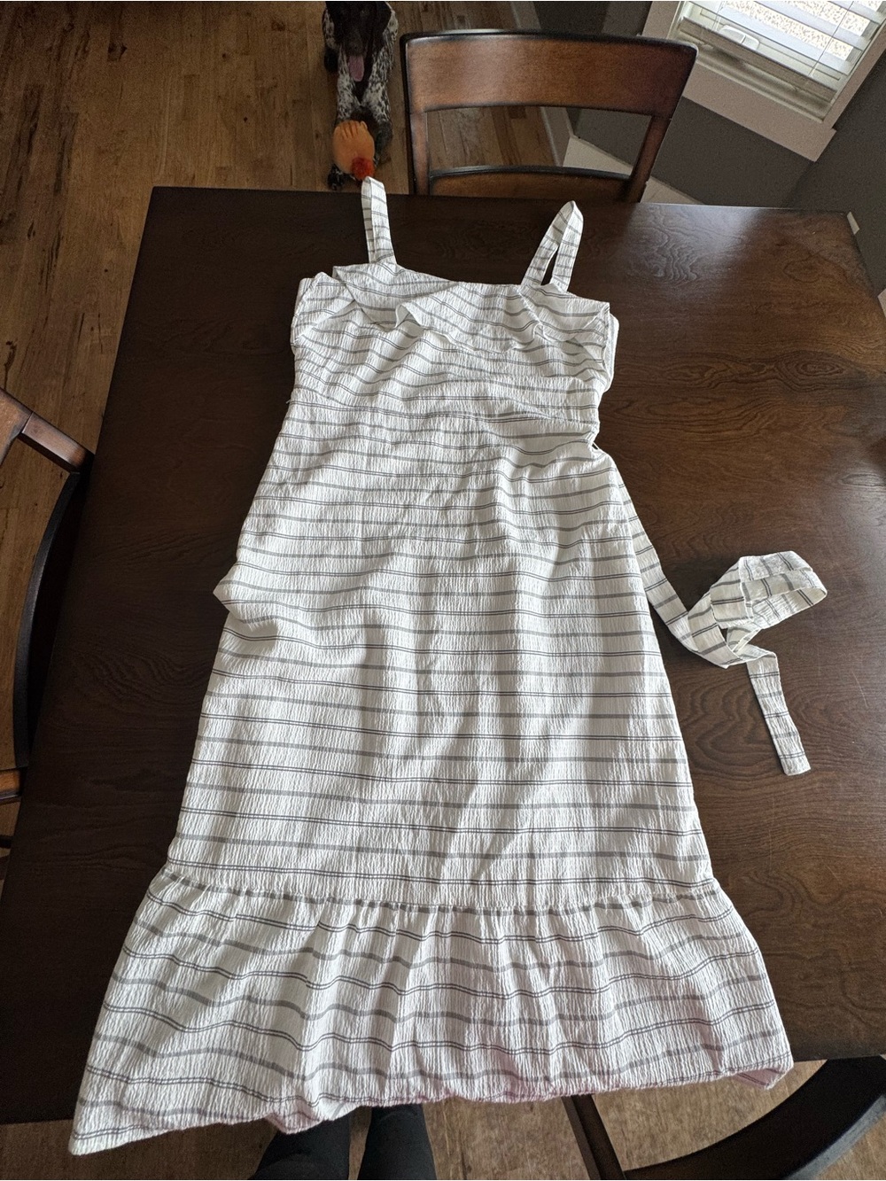 Banana Republic White Dress with Thin Gray Stripes and Ruffle Hem